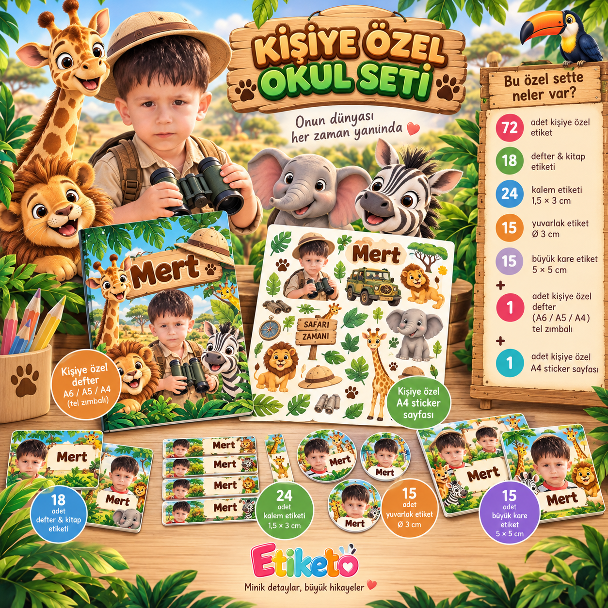 72 KİŞİYE ÖZEL OKUL ETİKETİ + DEFTER + STICKER