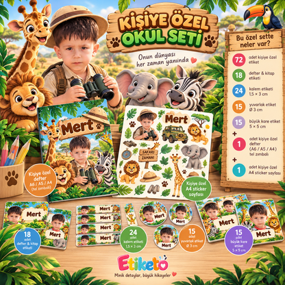 72 KİŞİYE ÖZEL OKUL ETİKETİ + DEFTER + STICKER